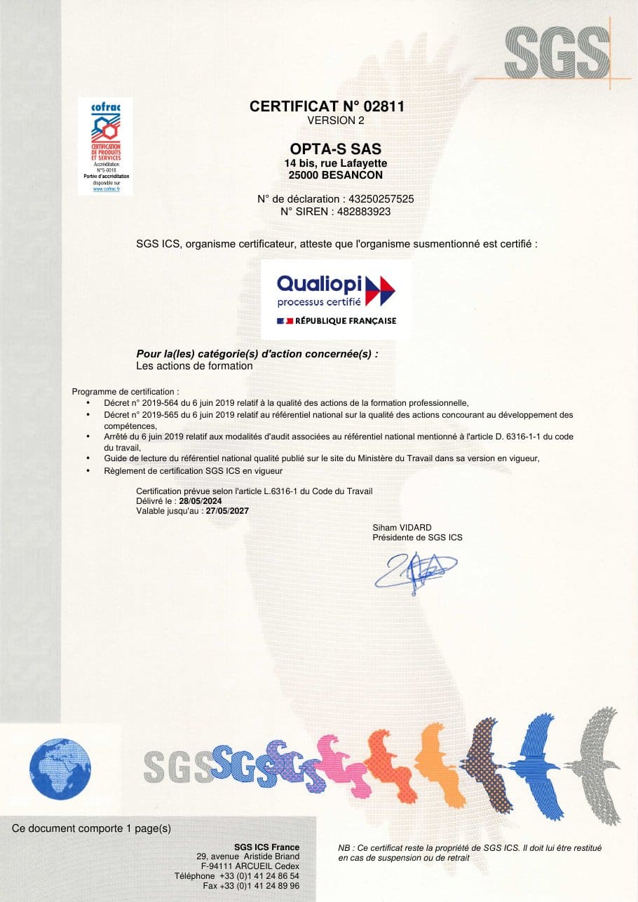 Certificat Qualiopi OPTA-S n° 02811